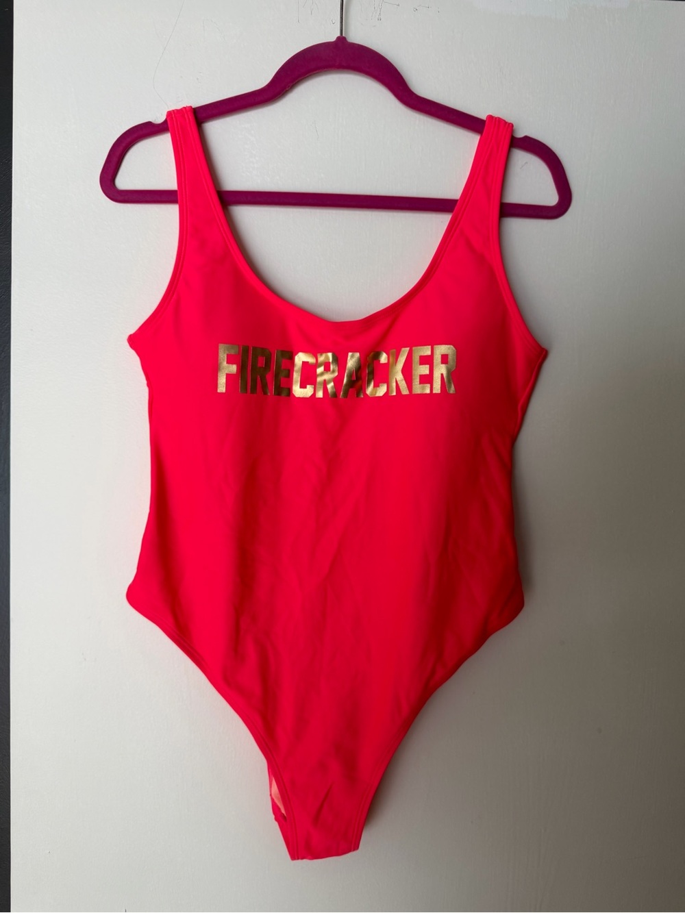 Xhilaration Hot Pink One-Piece Swimsuit with Gold 'FIRECRACKER'